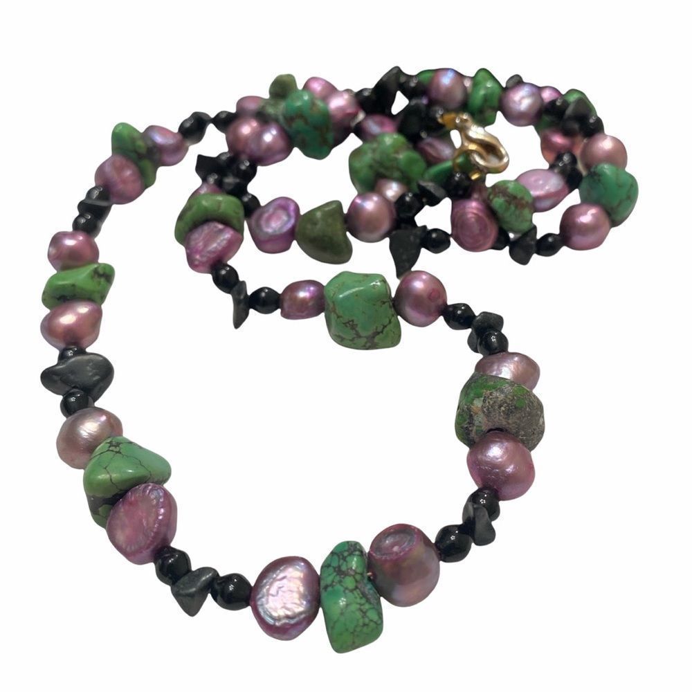 Vintage Turquoise Pearl And Black Onyx Necklace
